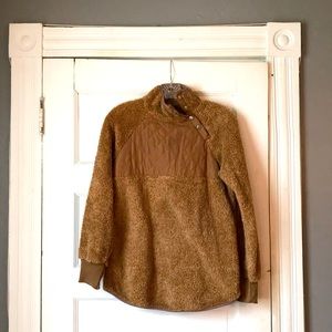 Brown furry pullover with quilted patch & clasps
